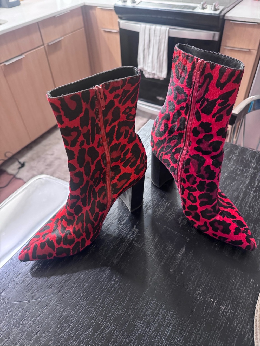 Red Leopard Print Pointed Toe Ankle Boots with Block Heel